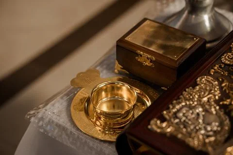 Ornate Golden Religious Objects on a Table Stock Photos
