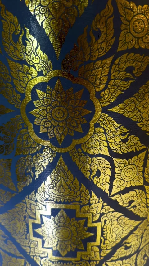 Ornate Golden Thai Art Pattern on Deep Blue Background Stock Footage 306867740