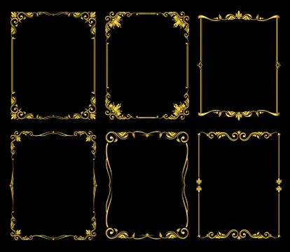Ornate golden vector frames set over black background Illustrazione stock
