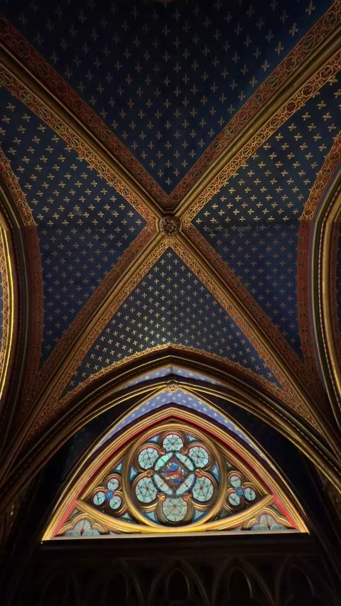 Ornate gothic vaulted ceiling of Sainte-Chapelle in Paris, France Stock Footage 336678430