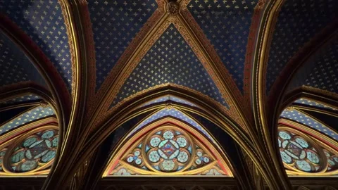 Ornate gothic vaulted ceiling of Sainte-Chapelle in Paris, France Stock Footage 336678924