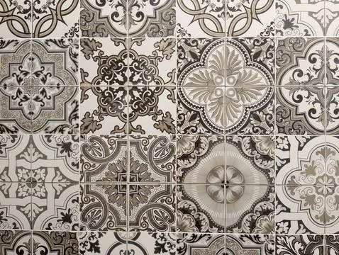 Ornate Grayscale Tile Pattern: Seamless Background Stock Photos