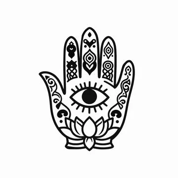 Ornate Hamsa Hand Vector Illustration Featuring a Mystical Eye and Lotus Fl.. 库存插图