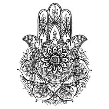 Ornate hand drawn hamsa. Illustrazione stock