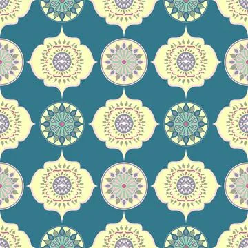 Ornate, Highly Decorative Vector Repeat Pattern In Teal Blue And Lemon Yellow Stock Illustration