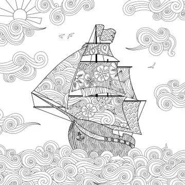 Ornate image of sailing ship on the wave in zentangle inspired doodle style Stock Illustration