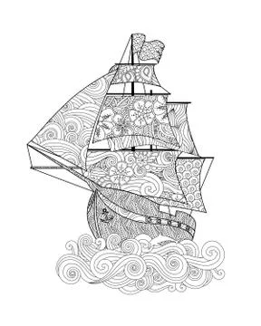 Ornate image of ship on the wave in zentangle inspired doodle style isolated on Stock Illustration