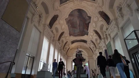 Ornate interior hall with grand ceiling frescoes at Petit Palais, Paris Stock Footage 304035619