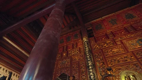 Ornate Interior Wall Decorations at Ba Dinh Pagoda Complex, Vietnam Stock Footage 329783796