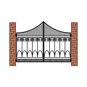 Ornate iron gate with brick pillars protecting entrance Stock Illustration