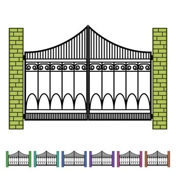 Ornate iron gate with brick pillars protecting entrance Stock Illustration