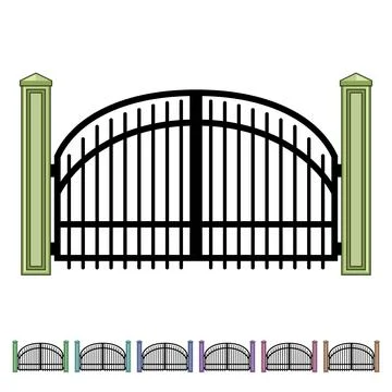 Ornate iron gate with decorative pillars creating property entrance Ilustración de archivo