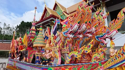 Ornate Multi-Headed Naga Float at Wat Chan Thada Pracharam Temple Stock Footage 348799894