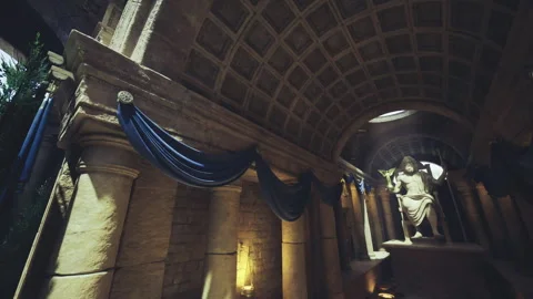 Ornate passageway with banners and standing statue curator staging ceremonial Stock Footage 340339369