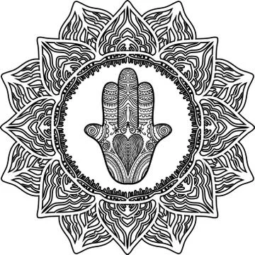 Ornate pattern in circle with indian hand drawn hamsa and mandala. Illustrazione stock