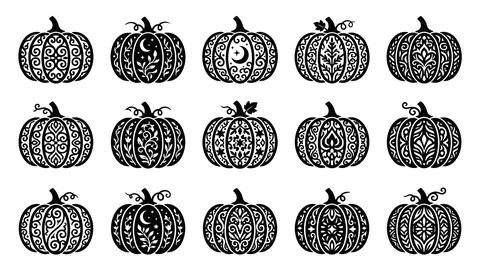 Ornate pumpkins set with decorative patterns for halloween and autumn celeb.. Illustrazione stock