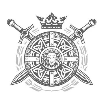 Ornate round shield with celtic pattern, crown and crossed swords, medieval k 스톡 일러스트