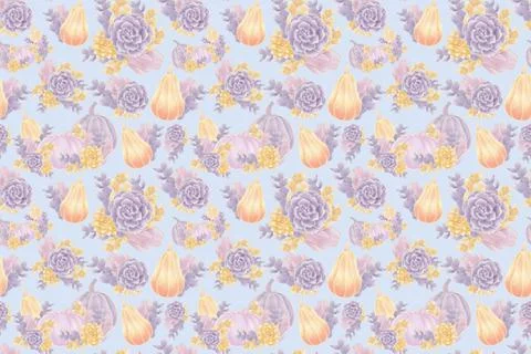 Ornate seamless pattern on an autumn theme, illustrations of pumpkins, succul Stock Illustration