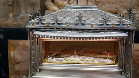 An ornate silver reliquary case displaying a preserved limb wrapped in textiles Stock Footage 316798428