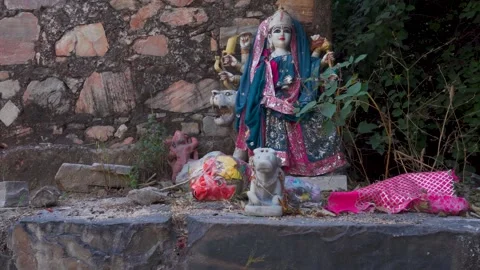 Ornate statue of Goddess Durga Amba Mahadevi adorned with decorations in Hi.. Stock Footage 327014122