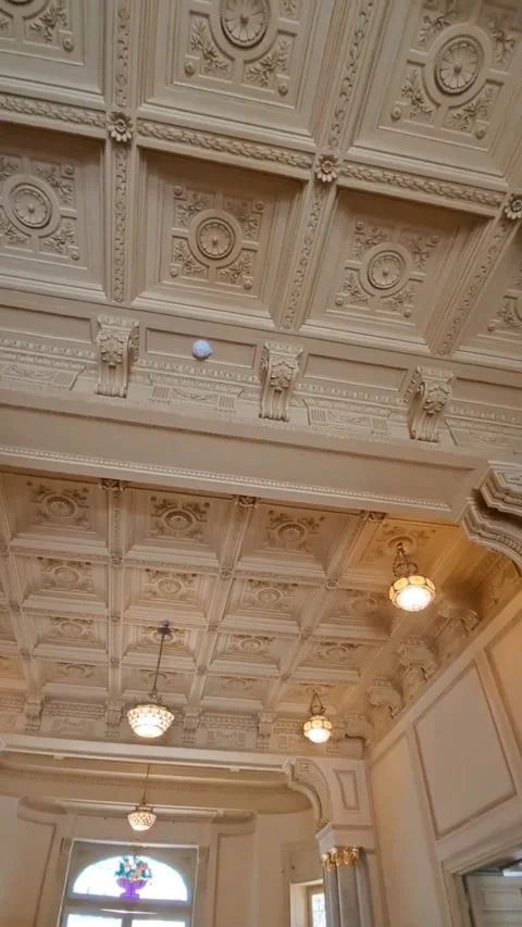 Ornate Stucco Ceiling and Classical Chandelier in Royal Jewelry Museum Stock Footage 344481283