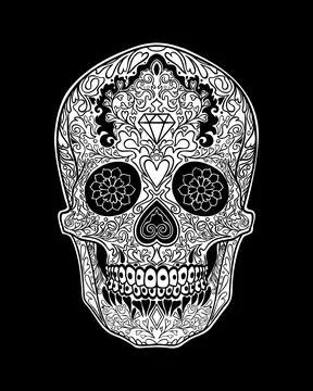 Ornate sugar skull with floral patterns, diamond, and heart  Calavera イラスト素材