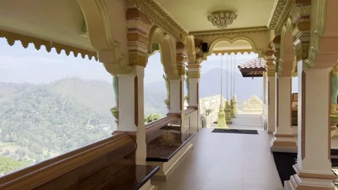 Ornate temple corridor with mountain view at Mahamevnawa Monastery Sri Lanka Stock Footage 331704745