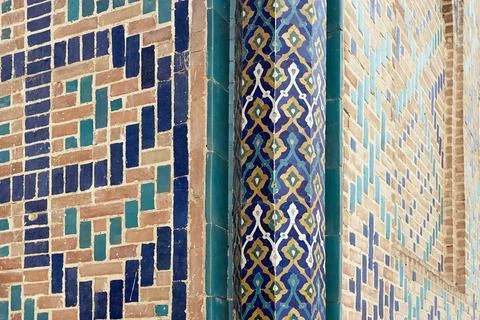 Ornate tilework detail on a column at Bibi Khanum Mosque in Samarkand. Glaz.. Stock Photos