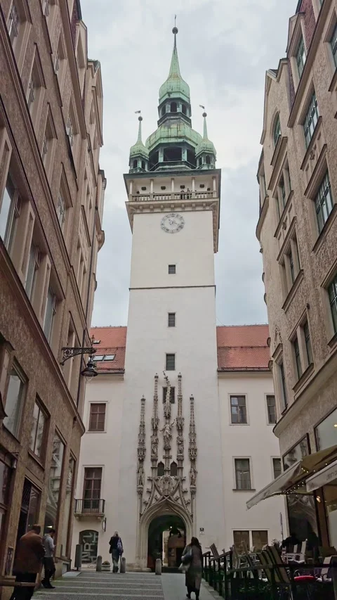 Ornate vertical 4K architectural shot of the historic Brno Old Town Hall clock Stock Footage 339883695