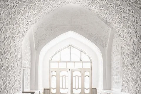 Ornate white plaster interior of Muhammad Amin Khan Madrasah in Ichan Kala,.. Stock Photos