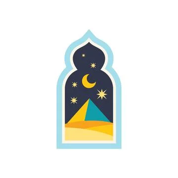 Ornate window offering view of pyramid under starry night sky Stock Illustration