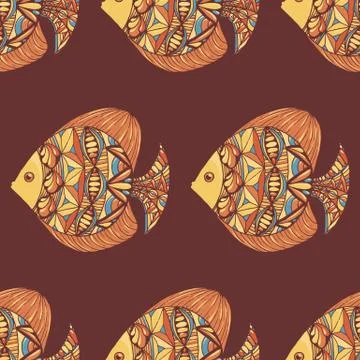 Ornated fish pattern with brown background Stock Illustration