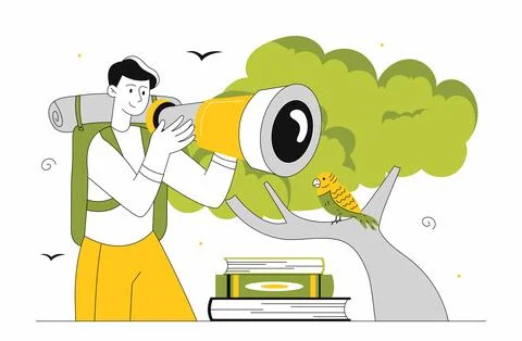 Ornithologist with camera vector concept Stock Illustration