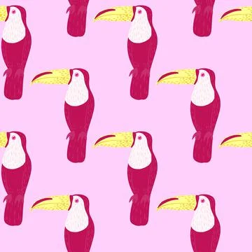 Ornithology seamless pattern with bright pink toucan bird ornament. Light bac Stock-Illustration