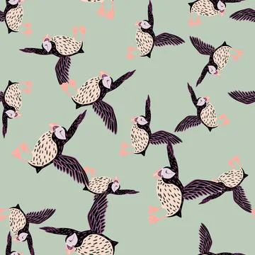 Ornithology seamless pattern with pale random puffin bird elements. Light blu Stock Illustration