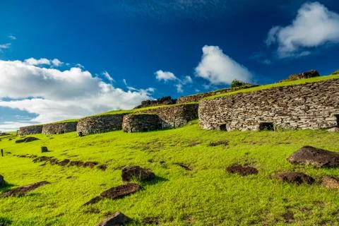 Orongo antique stone constructions in Rapa Nui Stock Photos