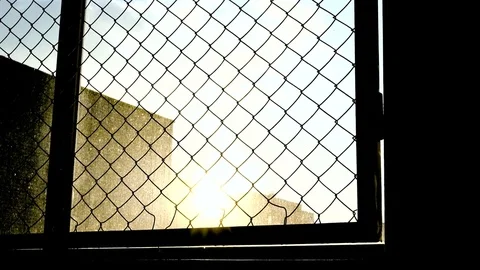 Orphans in slums looking on the sun through the lattice fence 4K 動画素材 75392408