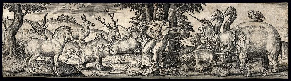 Orpheus sitting on a stone holding a string instrument and charming the ani.. Stock Illustration