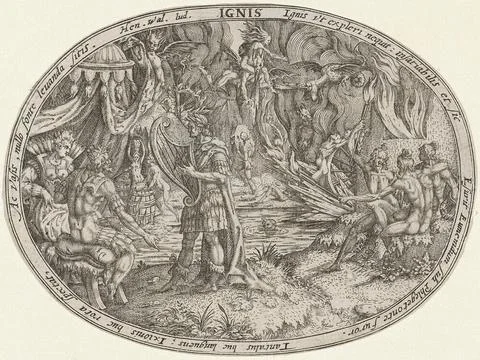 Orpheus in the underworld: the element fire; Ignis; The four elements. Orp... Stock Photos