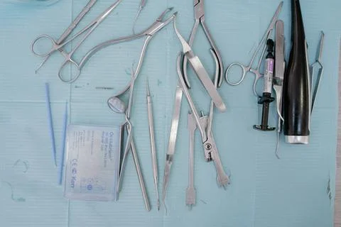 Orthodontic instruments when installing braces Stock Photos