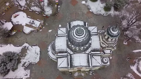 Orthodox cathedral aerial top down view during winter Stock Footage 345448652