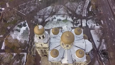 Orthodox cathedral aerial view in winter city snow Stock Footage 345448968