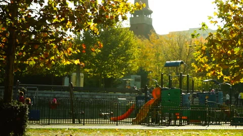 Orthodox church, park, swings, children, sunny autumn, sound stock footage Stock Footage