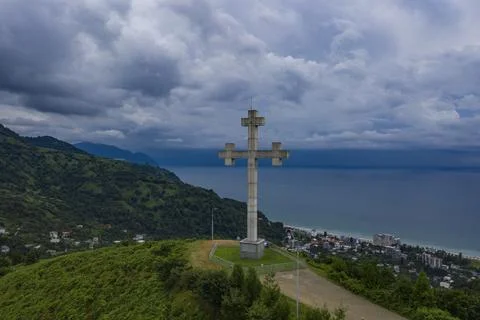 Orthodox cross on the mountain from a drone Stock Photos
