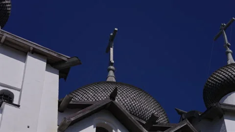 Orthodox Crosses Above Solovetsky Monastery Church Domes Video stock 343371111