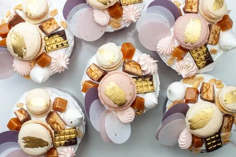 Orthodox easter bread called 'Kulich' richly decorated with chocolate bites,  Stock Photos