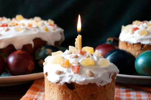 Orthodox Easter bread the kulich, russian food, religion, painted eggs. Stock Photos