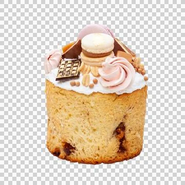 Orthodox easter bread richly decorated with sweets, macaroons, chocolate an.. Stock Photos