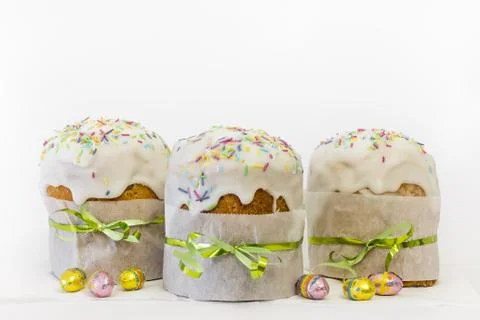 Orthodox Easter Cake With Chocolate Eggs and Traditional Decor Stock Photos