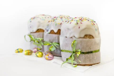 Orthodox Easter Cake With Chocolate Eggs and Traditional Decor Stock Photos